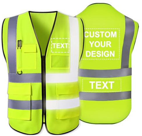YouBaiVS Gilet de Sécurité Personnalisable pour Hommes Haute Visibilité Réfléchissant 5 Poches avec Logo Fermeture à Glissière S-5XL pour Vêtements de Travail de Protection Extérieure Jaune