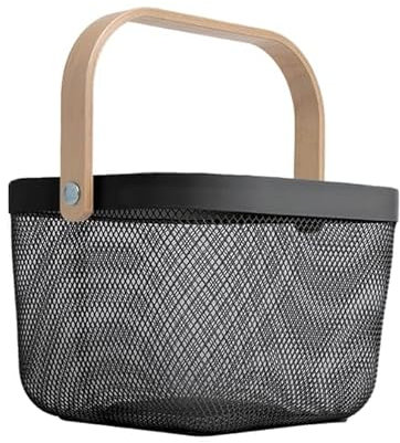 Home Collections Mesh Storage Basket With Wooden Handle – Black, Durable Metal Organizer for Fruits, Vegetables, and Beauty Products