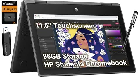 HP Laptop Chromebook X360 14b 2 en 1 (pantalla táctil FHD de 14 pulgadas, Intel N100, 4 GB de RAM, 192 GB de almacenamiento (eMMC de 64 GB + tarjeta SD de 128 GB)) Hogar y estudiante, batería de larga
