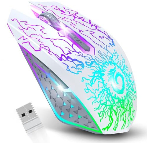 VersionTECH. Wireless Gaming Mouse, Rechargeable Computer Mouse with Colorful LED Lights, Silent Click, 2.4G USB Nano Receiver, 3 Level DPI for PC Gamer Laptop Mac-White