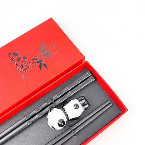 Chinesisches Stäbchen-Set, 2 Paar Bambus-Form Essstäbchen mit 2 Panda-Stäbchenhalter, Spülmaschinenfest, Ideal für Sushi & Asiatische Gerichte, Geschenk für Panda-Liebhaber (Schwarz)