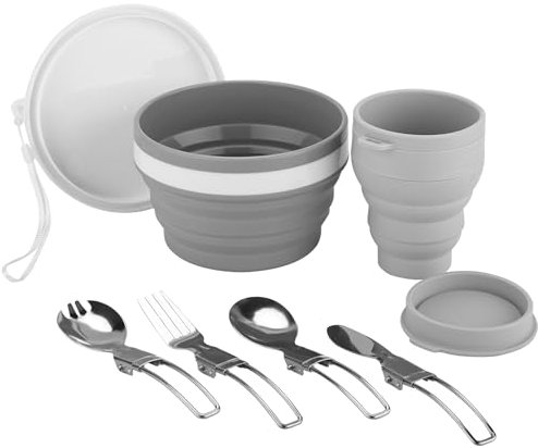 Foldable Mess Kit, ISFORU Portable Collapsible Camping Cups Bowls with Cutlery Set, Microwave Oven Available Food Grade Silicone for Travel Outdoor Hiking and Picnic for 1