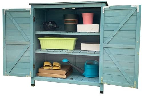 OWOHYG Wooden Potting Bench With Storage Cabinet And Waterproof Box Outdoor Garden Table With 2 Shelves And Tool Organizer For Backyard Or Patio (One Color Blue)