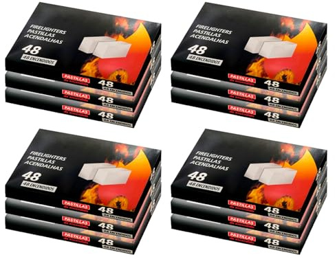 Tradineur - Pack de 12 Paquetes de 48 Pastillas enciendefuegos, Encendido de barbacoas, hogueras, chimeneas, cocinas de leña, Estufas, Blanco