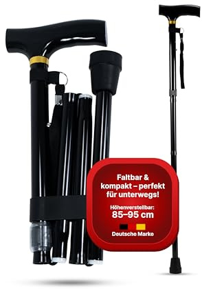iuvas® Gehstock klappbar Schwarz – Höhenverstellbare Gehhilfe für Damen & Herren – Leicht, stabil & rutschfest – Klappbarer Spazierstock für Senioren & Reisen – Made in Europe