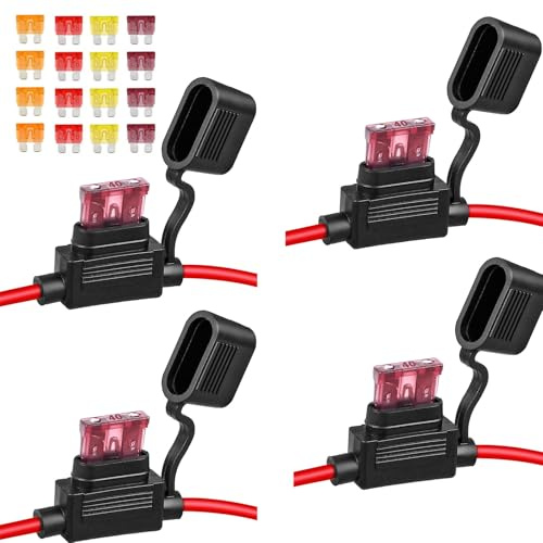 4 Stück 12 AWG Inline-Sicherungshalter, verzinntes Kupfer, Marine-Draht mit 16 Stück Standard-Flachsicherungen ATC/ATO, Flachsicherungshalter für Auto, LKW, ATV, Boot, Motorräder (je 4 Stück: 5 A, 20