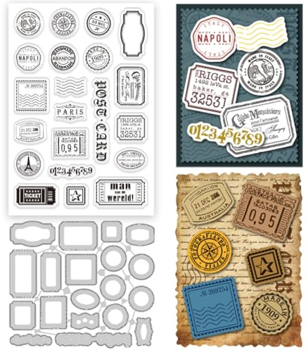 INFUNLY Vintage Postcard Clear Stamps and Dies for Card Making Retro Labels Rubber Stamp and Die Cuts Round Frame Silicone Stamp Seals Postage Embossing Templates for DIY Scrapbooking Album Decor