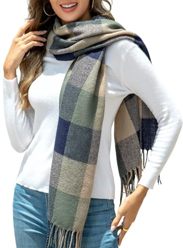 EDOTON Damen Schal Kariert Warm Kuschelig Halstuch mit Fransen Weich Winterschal Modisch Schals (Blaugrau kariert)