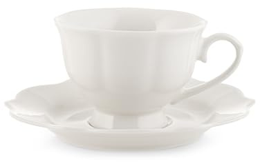 H&H Confezione 4 Tazze Tè con Piatto Festonato Blanc in New Bone China Avorio 220 cc – Eleganti e Resistenti – Lavabili in Lavastoviglie – Adatte a Microonde – Design Raffinato