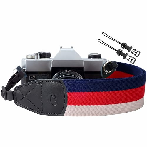 Padwa Lifestyle Stripes Camera Strap - 2 Retro Blue Red Cotton Camera Straps for Photographers,Adjustable Wide Camera Neck/Shoulder Strap with Genuine Leather Head for All DSLR/SLR Digital Cameras