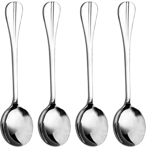 QZKJQDD Soup Spoons 4 Pieces Set, Stainless Steel Round Stainless Steel Bouillon, 4 High-Grade Spoons for Soup Spoon for Kitchen, Dining Table, Sleek Design, Durable Construction (Style 2)