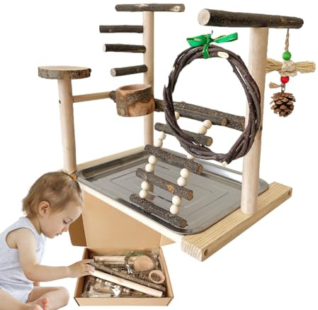 Vogelspielplatz – 40 x 27 cm großer Sitzstangenständer, praktisches Training | Bissfester Vogelspielzeug-Spielplatz aus Edelstahl mit ausgewähltem Holz, Spielständer für Sittiche, Turteltaub