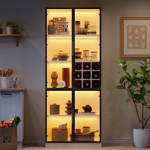 BTM 80x35x200cm Vitrine, Glasvitrine mit Glastüren mit LED, Hochschrank,Bücherschrank, Standvitrine,Weinschrank Eleganter Sideboard mit Doppeltüren, Glasregal und Weinhalterung