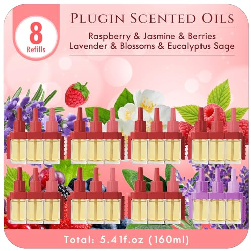 Scent-Hi Duftstecker Nachfüller 8er Set, Duftölflakon Nachfüller, kompatibel mit Febreze 3Volution, 3 Düfte pro Flakon, fruchtig-blumig mit Jasmine und Raspberry