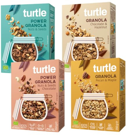 Turtle Cereal – Gluten Free Granola Variety Pack 350g (Pack of 4) | Pecan & Maple, Chocolate & Hazelnut, Nuts & Seeds & Chocolate, Organic Granola Selection | Better Breakfast
