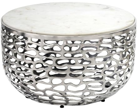 WOHNLING Table Basse Design en métal argenté avec Plateau en marbre Blanc 60 cm Rond - Table de Salon Moderne en Aluminium - Table d'appoint de Salon en Aluminium Faite à la Main