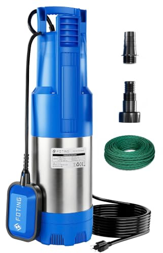 FOTING Pompa a pressione sommersa 4 inox, 1100W pompa a pressione sommersa con portata 6800 l/h, altezza di portata max 47 m, profondità di immersione max 7 m, interruttore galleggiante integrato, per