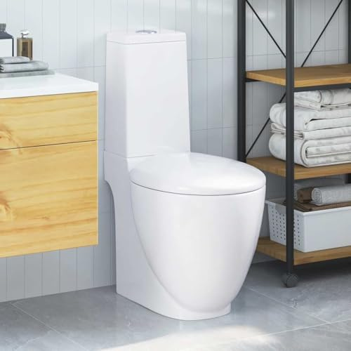 Kaloriko Inodoro de cerámica blanco con salida horizontal, asiento de cierre suave, 65 x 38,5 x 84,5 cm, inodoro sin borde, ahorro de agua para baño y montaje sanitario