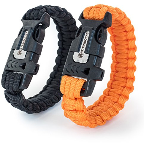 Steinbock7 Hochkönig 3-in-1 Paracord-Armband 2er Set - im Verschluss integriert: Pfeife, Feuerstein & Messer, inkl. E-Book - Camping, Outdoor, Wildnis