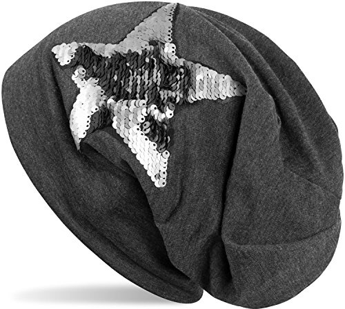 styleBREAKER Beanie Mütze mit Wendepailletten Stern Applikation, Slouch Longbeanie, Damen 04024141, Farbe:Dunkelgrau meliert