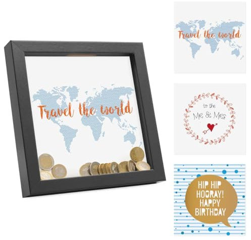 PHOTOLINI Bilderrahmen Spardose zum Befüllen 20x20 cm schwarz, Objektrahmen für Geldgeschenke, 3 austauschbare Motive, Aufstellen & Aufhängen, DIY - perfekt zum Basteln und als Geschenk