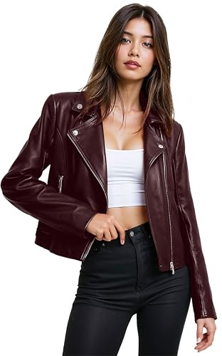 Olivia Miller Womens Faux Leather Zip Up Moto Biker Jacket, Jk5208-burgundy, M