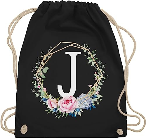 Turnbeutel Rucksack - Geschenk Initialen - Tasche - Blumenkranz mit Buchstabe J - Unisize - Schwarz - turnsackerl kindergarten buchstaben beutel kita anfangsbuchstabe turnsack name sportbeutel