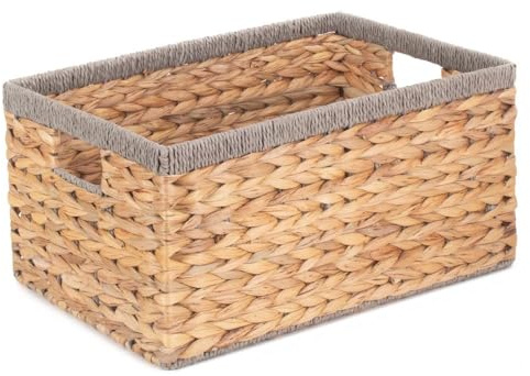 Red Hamper Medium Water Hyacinth with Grey Rope Border Rectangular Storage Basket, Brown