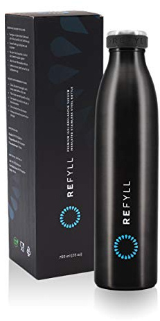 REFYLL Edelstahl Trinkflasche “dailyFYLL” - 500ml, 750ml, 1l - Auslaufsichere Thermosflasche mit doppelwandiger Vakuum Isolierung - Isolierflasche für Sport, Uni, Büro, Schule (Schwarz, 750 ml)