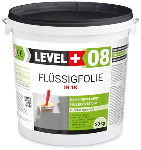 Level + 08 Flüssigfolie für Bad, Dusche & Küche – Dichtfolie unter Fliesen | auf Beton, Putz & Estrich – Wasserdichte Verbundabdichtung für Innenräume – Gebrauchsfertig und Elastisch – 20 kg