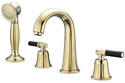 Gold Wannenarmaturen mit Handbrause Multifunktional Deck Montiert Messing Duschhahn Set Doppelgriff 4 Loch Badewanne Wasserhahn mit Kaltes und Heißes Wasser