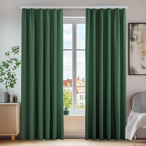 Deconovo Blickdichte Gardinen Kräuselband für Schienen Vorhänge Waldgrün | 2er Set, H 175 x B 140 cm, Verdunkelungsvorhang für Schiene, Hitzeschutz, für Wohnzimmer, Sonnenschutz, Wärmehaltung Vorhang