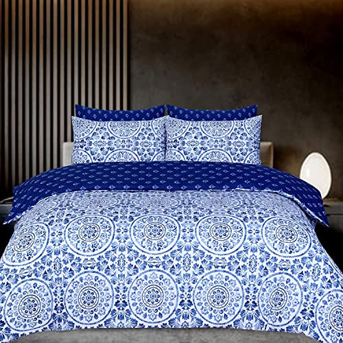 DTEX HOMES Super King Duvet Set 100% Pure Cotton Reversible Printed Hotel Quality Duvet Cover Ultra Soft Easy Care Super King Duvet Cover Set Super Soft and Luxury Duvet Cover Sets (Greek Blue)