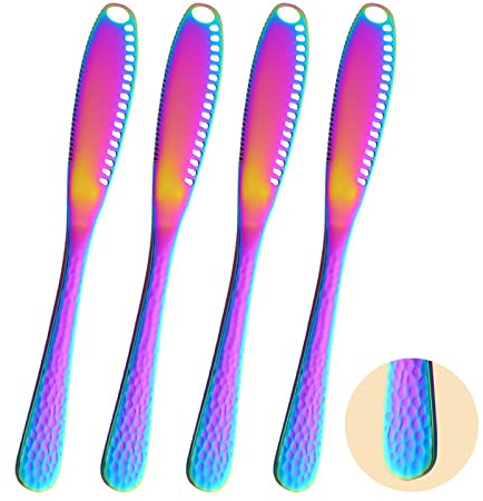 Hammered Stainless Steel Butter Spreader Knife Set 4 Pack - MINGYU 3-in-1 Multi-Function Butter Knives Kitchen Gadgets & Curler & Butter Grater with Serrated Edge (Rainbow), 7.78x1x0.24