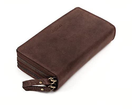 KRONIFY Leder Geldbörse Damen I Echtleder XXL Geldbeutel I Doppelter Reißverschluss I Groß I RFID Schutz I Portmonee mit Münzfach I 29 Kartenfächer I Frauen Portemonnaie I Nature Dunkelbraun