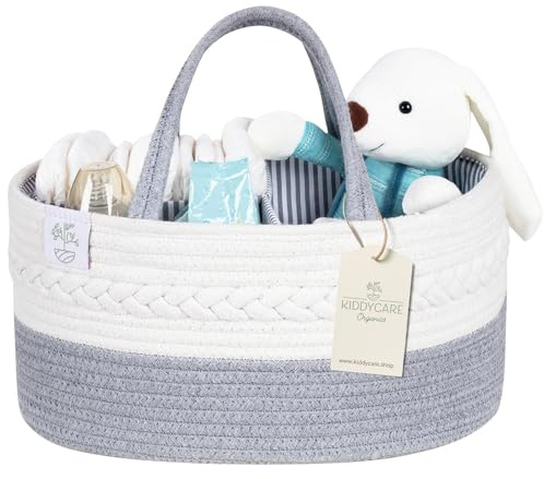 KiddyCare - Vielseitiger Wickelkorb und Windel-Organizer aus 100% Baumwolle und Gewebtem Seil, 3 Herausnehmbare Fächer, Ideal für Unterwegs, Babyshower Geschenk [Grau, Plus Größe]