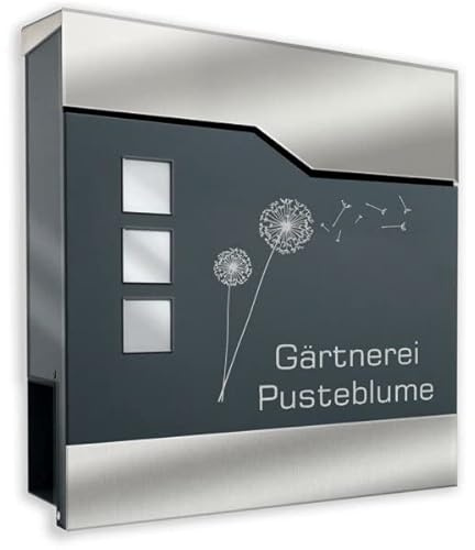 Edelstahl Briefkasten in anthrazit mit Beschriftung - Briefkasten aus pulverbeschichtetem Stahl mit Zeitungsrolle, Briefschlitz und Sichtfeldern