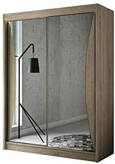 ALTDECOR Kleiderschrank mit Spiegel und Schiebetüren, kugelgelagerte Führungsschienen und Aluminium-Leisten, LED-Beleuchtung (weiß + 16 Farben) und Fernbedienung - TIWAN - 150 cm Sonoma