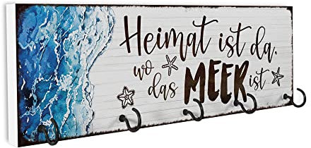 Interluxe Schlüsselbrett Leinengarderobe - Heimat ist da wo das Meer ist - Maritim Hundegarderobe Hunde Garderobe Leinenparkplatz Wandhaken für Schlüssel Hundeleinen
