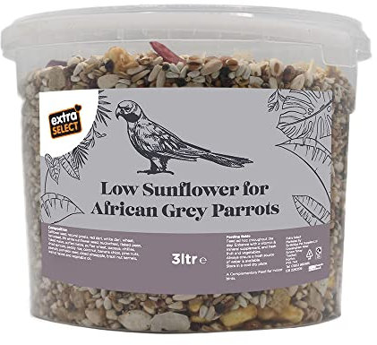 Extra Select Low Sunflower Blend African Grey Parrot Food: 24 Ingredient Parrot Seed mix for Health & Vitality - 3 Litre Tub