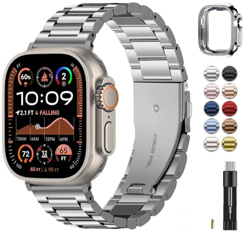 Fullmosa Kompatibel med Apple Watch Armband Ultra 49mm, ersättningsband i metall Klockarmband för iwatch Ultra 3 2 1 49mm, silver
