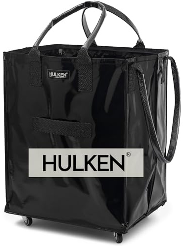 HULKEN - Grand chariot de courses noir à roulettes pliable et réutilisable - Sac de courses à roulettes - Chariot à roulettes - Capacité de 29.9 kg, fermeture éclair, résistance à l'eau et poignées