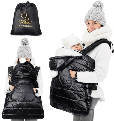 Orzbow Regenschutz Babytrage, Tragecover Babytrage Winter mit Abnehmbares Oberteil, Universal Wintercover Babytrage mit Korallenvlies-Futter, Vordertasche, Reißverschluss Unten, Glänzendes Schwarz