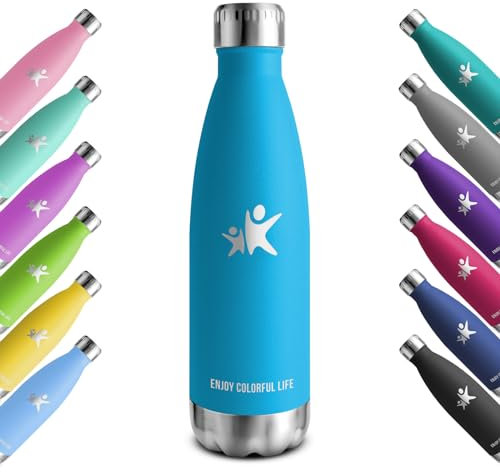 KollyKolla Edelstahl Trinkflasche 500ml, Vakuum Trinkflasche Edelstahl, Thermosflasche Kohlensäure Geeignet, BPA-Frei Auslaufsicher Wasserflasche für Schule, Sport, Fahrrad, Camping, Fitness, Sprudel