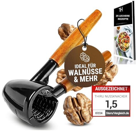 Thiru Cascanueces con elegante mango de madera de 16 cm - Prueba durante 100 días sin riesgos - Cascanueces para nueces avellana y nueces de Brasil - Sin aplastamiento - Incluye libro electrónico con