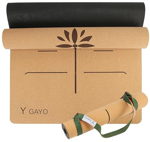 Y O Gayo Premium Yoga Cork Mat | 5mm Thick Natural Tree Rubber Base and Bigger Mat for Extra Support, Alignment lines for Guidance | Non-Slip, Sustainable, Your Ultimate Yoga Companion