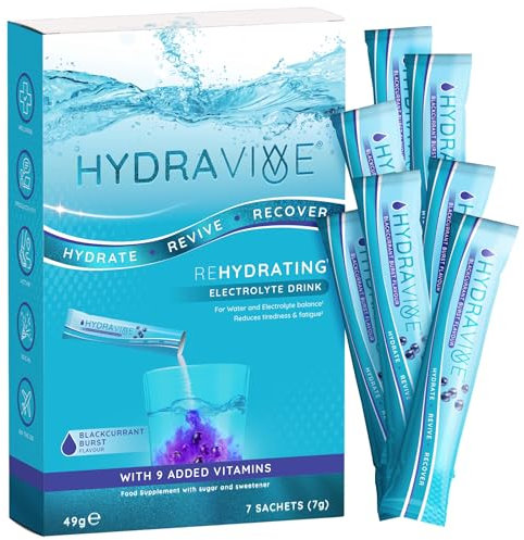 Hydravive® Rehydration Electrolytes Powder - High Strength Vitamin C and All 8 B Vitamins: B1, B3, B5, B12 Supplement Sachet Drink - Effervescent Electrolyte Hydration Tablets - 7 Pack Blackcurrant