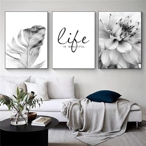 DLKAJFK Moderne Wandmalerei Plakat Set, Natürliche Landschaft Strand, Schilfblätter, Weiße Rosen, Leinwanddruck, Hintergrund Wanddekoration Plakat Set, Rahmenlos (Graue Blätter,3Pcs-30x40cm)