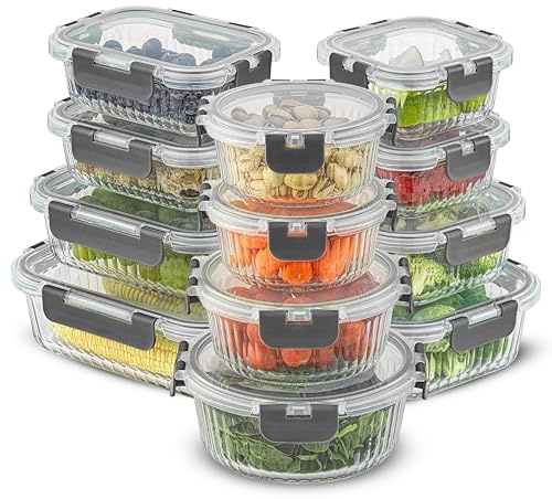 JoyJolt 24pc Fluted Glass Storage Containers with Lids. 12 Airtight, Freezer Safe Food Storage Containers, Pantry Kitchen Storage Containers, Glass Meal Prep Containers for Lunch