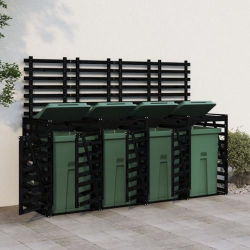 Gecheer Mülltonnenbox für 4 Tonnen Abschließbar Müllbox Mülltonnenverkleidung Mülltonne Müllcontainer Schwarz Massivholz Kiefer